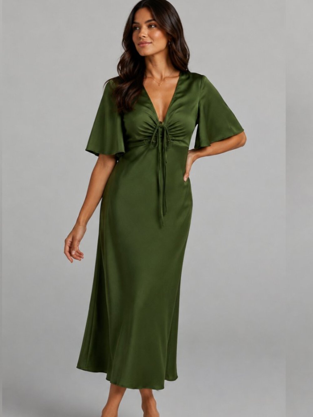 Showpo Olive Green Ruched Front Midi Dress Women's Size 16